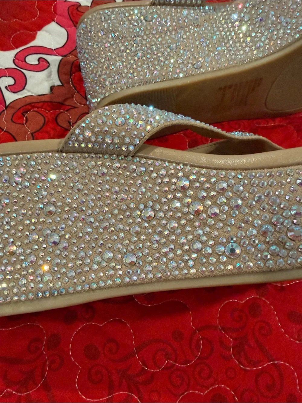 Wild Pair Nude Crystal Wedge Flip Flops - Women